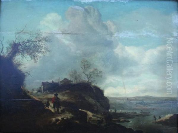 River Landscape Scene With Sportsman, Fishermen And Countryfolk Oil Painting by Pieter Wouwermans or Wouwerman