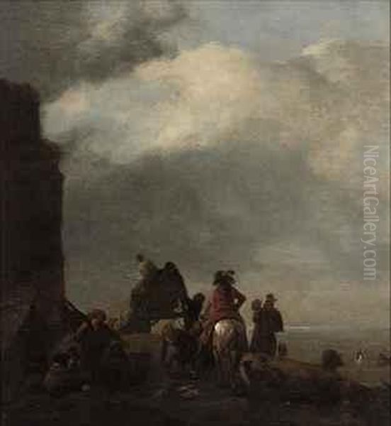 A Coastal Landscape With A Gentleman On Horseback And Peasants On The Shore Oil Painting by Pieter Wouwermans or Wouwerman