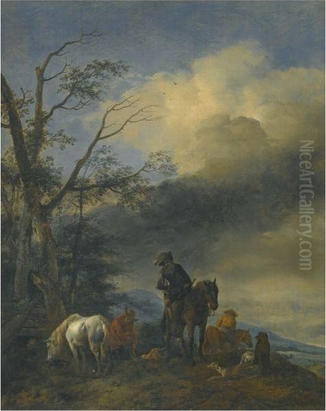 Huntsmen At The Outskirts Of A Wood Oil Painting by Pieter Wouwermans or Wouwerman