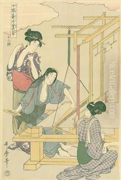 Weaving the silk, no.12 from Joshoku kaiko tewaza-gusa, c.1800 Oil Painting by Kitagawa Utamaro