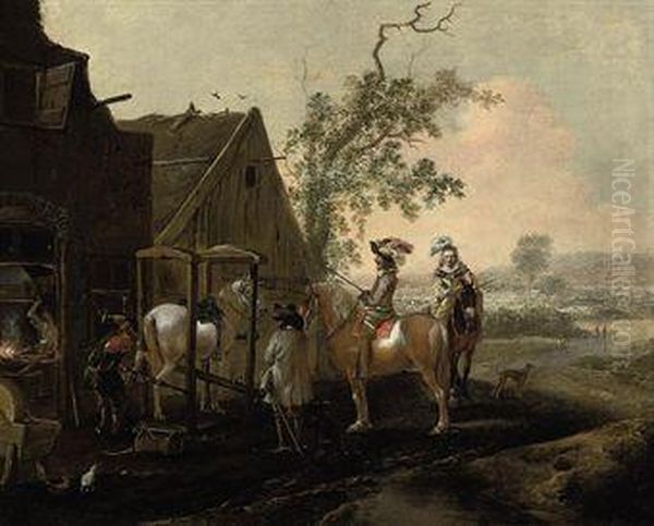 An Elegant Riding Party At A Blacksmith Oil Painting by Pieter Wouwermans or Wouwerman