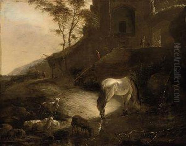 A Horse And Sheep At A Waterfall Beneath A Fortified Entrance Oil Painting by Pieter Wouwermans or Wouwerman