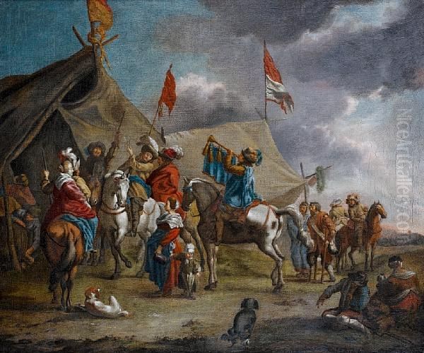 Soldiers And Peasants Before A Militaryencampment Oil Painting by Pieter Wouwermans or Wouwerman