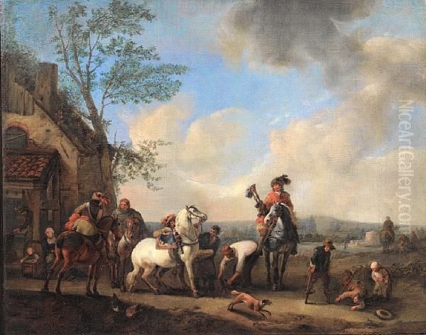 Horsemen Outside A Blacksmith's Workshop Oil Painting by Pieter Wouwermans or Wouwerman