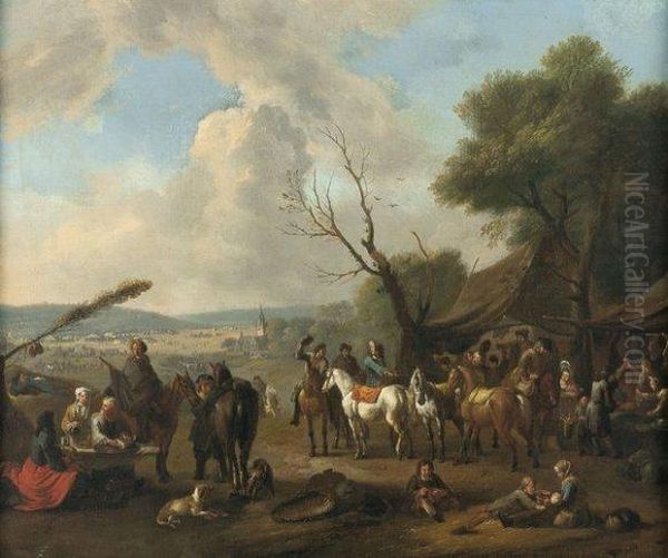 Halte De Cavaliers Oil Painting by Pieter Wouwermans or Wouwerman