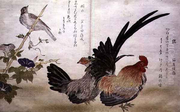 Cockerel and Hen on the right with a Bunting on the left, from an album Birds compared in Humorous Songs Momo Chidori Kyoka Awase, 1791 Oil Painting by Kitagawa Utamaro