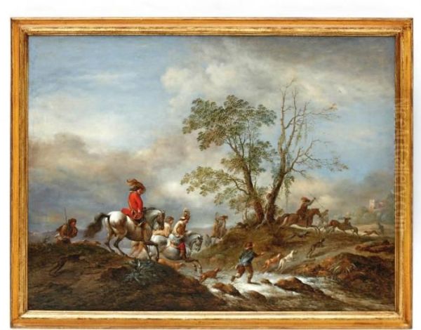 Landschap Met Hertenjacht Oil Painting by Pieter Wouwermans or Wouwerman