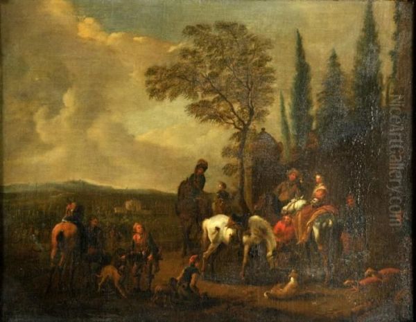 An Elegant Hawking Party Oil Painting by Pieter Wouwermans or Wouwerman