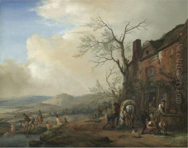 Landscape With Peasants Oil Painting by Pieter Wouwermans or Wouwerman