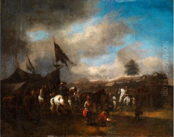 Schimmelreiter Im Feldlager Oil Painting by Pieter Wouwermans or Wouwerman