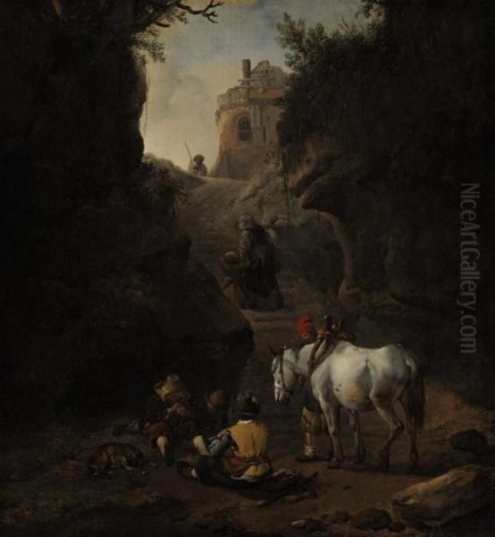 Peasants Playing Cards By A White Horse Oil Painting by Pieter Wouwermans or Wouwerman