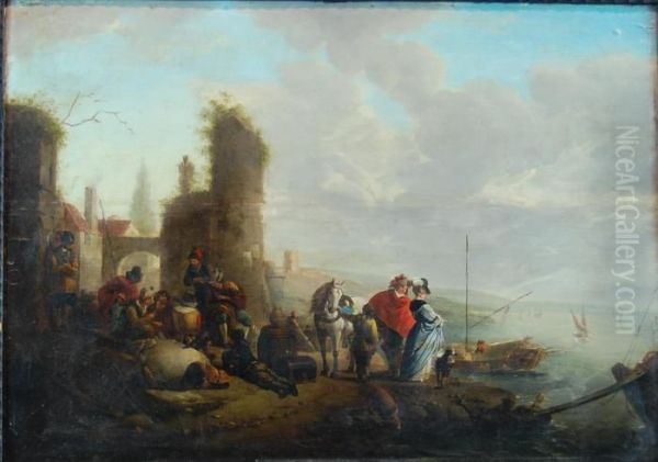 Vignette Of A Port Scene With Figures Oil Painting by Pieter Wouwermans or Wouwerman