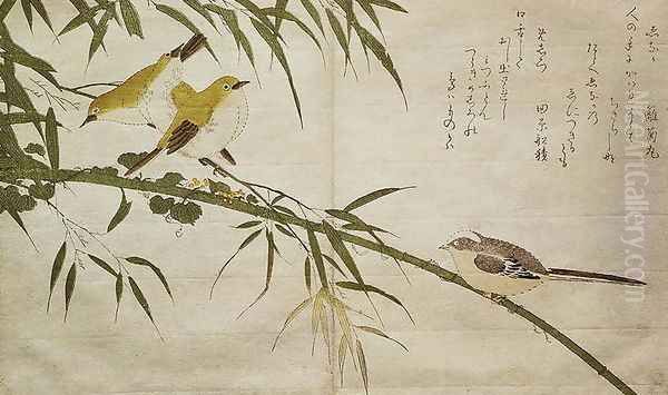 Long-tailed Tit and three White Eyes, from an album Birds compared in Humorous Songs, 1791 Oil Painting by Kitagawa Utamaro