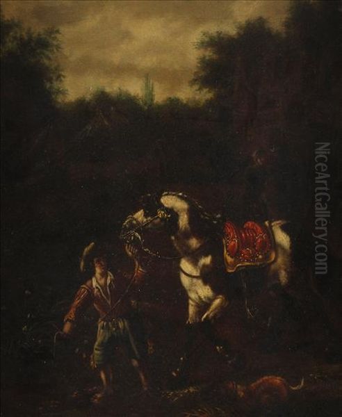 A Peasant Leadinghis Horse Oil Painting by Pieter Wouwermans or Wouwerman