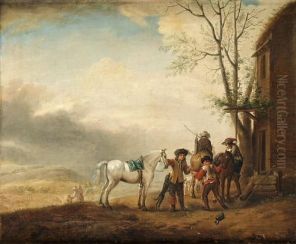 Hansart, Ridsallskap Utanfor Taverna Oil Painting by Pieter Wouwermans or Wouwerman