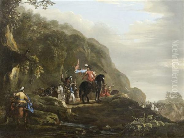 Soldiers Riding In A Landscape Oil Painting by Pieter Wouwermans or Wouwerman