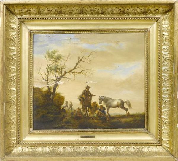 Voyageurs Dans Un Paysage Avec Chevaux Oil Painting by Pieter Wouwermans or Wouwerman