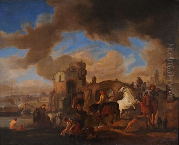 Scorcio Di Roma Con Lavandaie E Figure A Cavallo Oil Painting by Pieter Wouwermans or Wouwerman