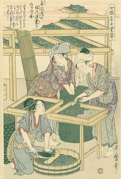 Feeding the silk worms, no.3 from Joshoku kaiko tewaza-gusa, c.1800 Oil Painting by Kitagawa Utamaro