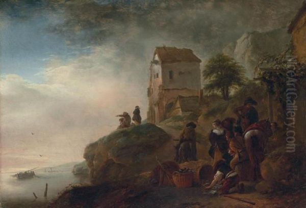 Fishermen Displaying Their Catch On A Rocky Coast Oil Painting by Pieter Wouwermans or Wouwerman