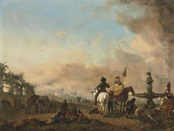 A Hawking Party Resting By A Fountain Oil Painting by Pieter Wouwermans or Wouwerman