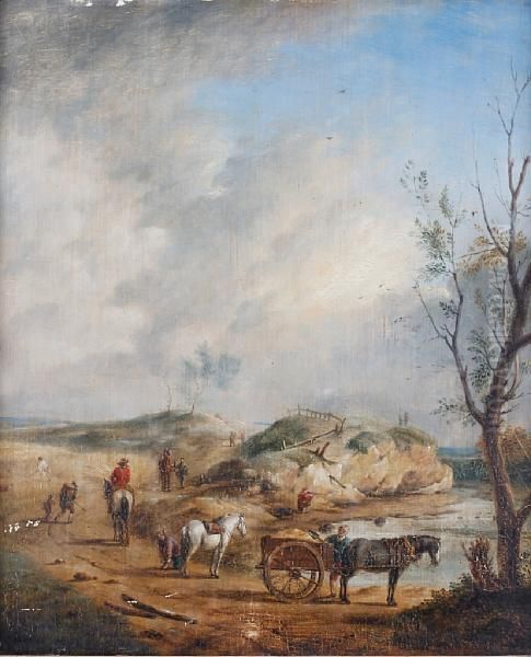 Landscape With Figures, Horses And Carts Oil Painting by Pieter Wouwermans or Wouwerman