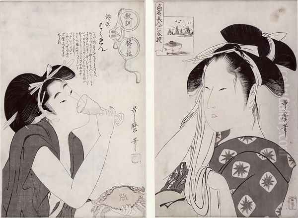 An impertinent woman, from the series Kyokun oya no megane Education Seen Through the Parents Eyes c.1803 and Asahiya Goke the widow, from the series Komei bijin rokkasen, c.1796 Oil Painting by Kitagawa Utamaro