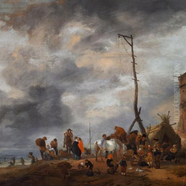 The Catch Of The Day Is Being Brought Ashore Oil Painting by Pieter Wouwermans or Wouwerman