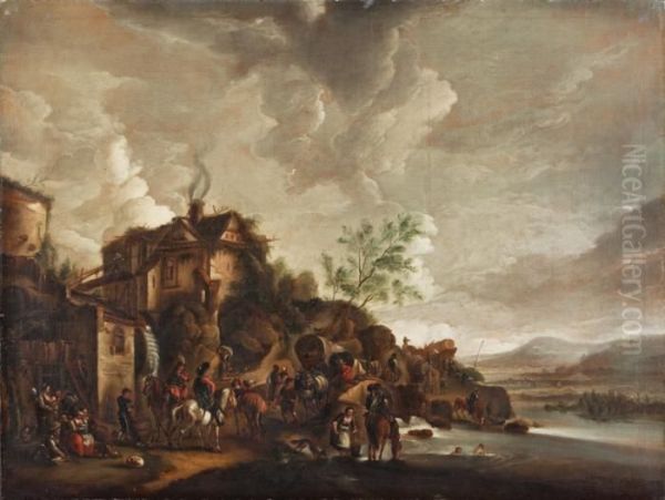 Zug Mit Bagagewagen In Weiter Flusslandschaft Oil Painting by Pieter Wouwermans or Wouwerman