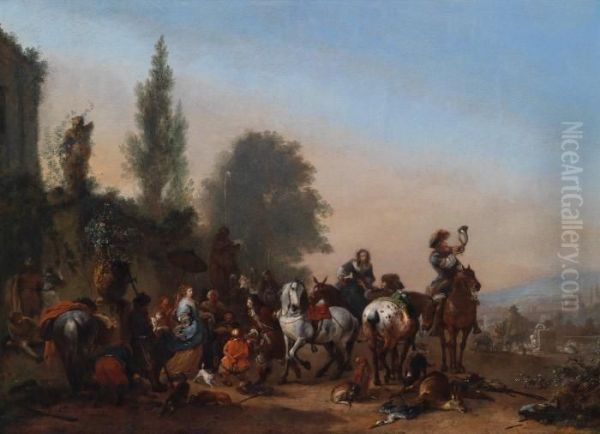 Elegante Brigata Di Cacciatori In Riposo Dopo La Caccia Oil Painting by Pieter Wouwermans or Wouwerman