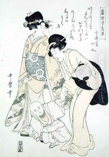 Lady and a Nursemaid Teaching a Child to Walk Oil Painting by Kitagawa Utamaro