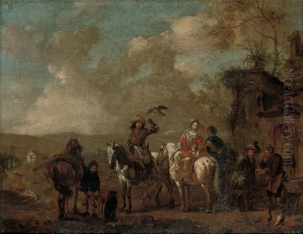 A Hawking Party In A Landscape Oil Painting by Pieter Wouwermans or Wouwerman