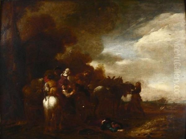 A Highway Robbery Oil Painting by Pieter Wouwermans or Wouwerman