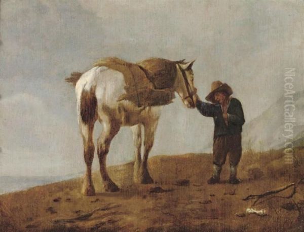 A Peasant Attending To A White Horse Oil Painting by Pieter Wouwermans or Wouwerman