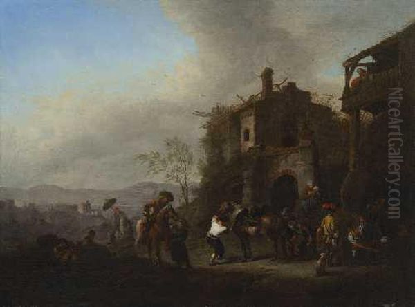 Reiter Vor Der Dorfschmiede. Oil Painting by Pieter Wouwermans or Wouwerman