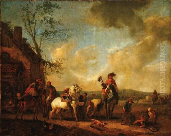 A Roadside Inn With Travelers Oil Painting by Pieter Wouwermans or Wouwerman