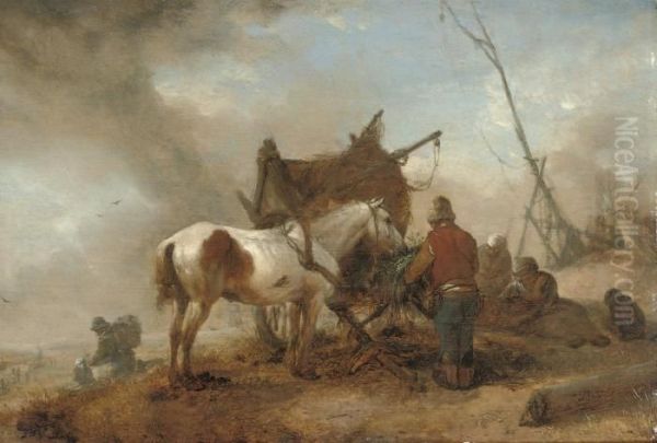 A Peasant Attending A Horse In A Dune Landscape Oil Painting by Pieter Wouwermans or Wouwerman