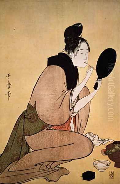 Courtesan applying lip rouge Oil Painting by Kitagawa Utamaro