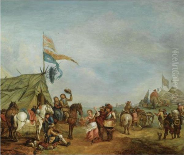 A Military Encampment, With 
Soldiers And Women Dancing And Making Music Before A Sutler's Tent Oil Painting by Pieter Wouwermans or Wouwerman