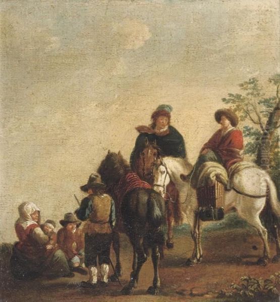 A Wooded Landscape With Figures On Horseback At Rest Oil Painting by Pieter Wouwermans or Wouwerman