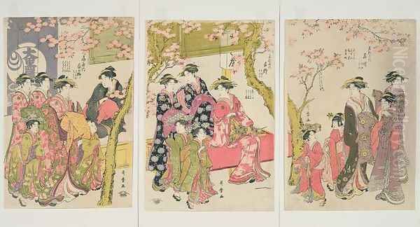 Courtesans Strolling Beneath Cherry Trees Before the Daiko, c.1789 Oil Painting by Kitagawa Utamaro