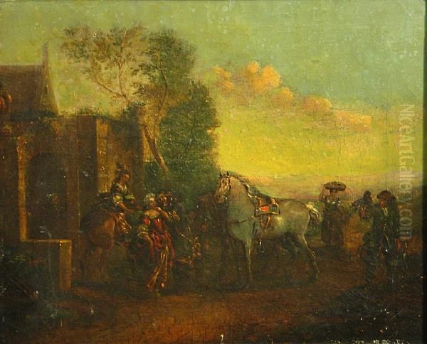 Figures Outside An Inn Oil Painting by Pieter Wouwermans or Wouwerman