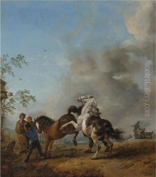 A Mare And A Stallion In Front Of A House Oil Painting by Pieter Wouwermans or Wouwerman