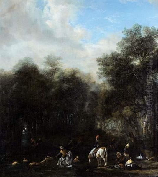 Pecheurs Et Cavaliers Se Baignant Dans Un Lac En Bordure De Foret Oil Painting by Pieter Wouwermans or Wouwerman