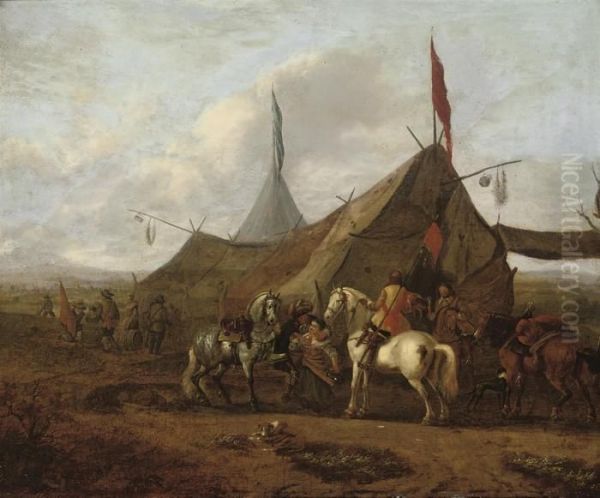 Horsemen At Rest By A Sutler's Tent, An Extensive Landscapebeyond Oil Painting by Pieter Wouwermans or Wouwerman