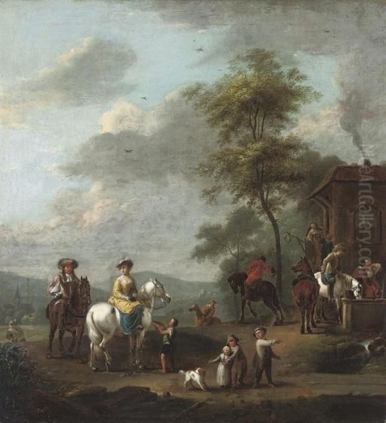 Elegant Company On Horseback At Halt, By An Inn Oil Painting by Pieter Wouwermans or Wouwerman