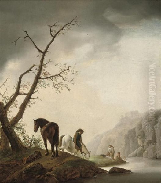 A River Landscape With A Traveller And His Horses At Rest, Bathersbeyond Oil Painting by Pieter Wouwermans or Wouwerman