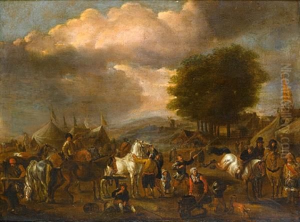 Horsemen Before A Military Encampment Oil Painting by Pieter Wouwermans or Wouwerman