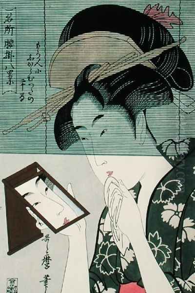 Woman with a Mirror, 19th-20th century reprint Oil Painting by Kitagawa Utamaro