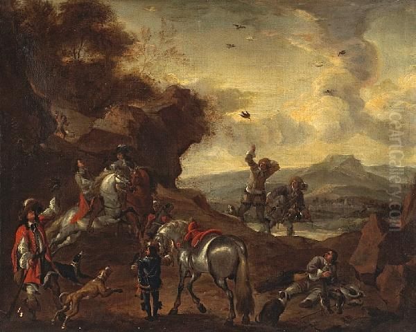 A Hawking Party Oil Painting by Pieter Wouwermans or Wouwerman